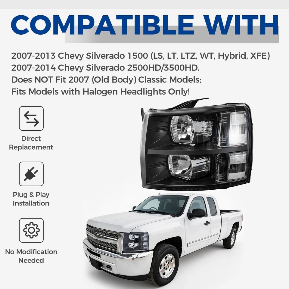 2007-2014 Chevy Silverado 1500 2500HD 3500HD Black Headlights