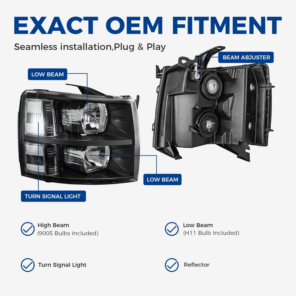 2007-2014 Chevy Silverado 1500 2500HD 3500HD Black Headlights